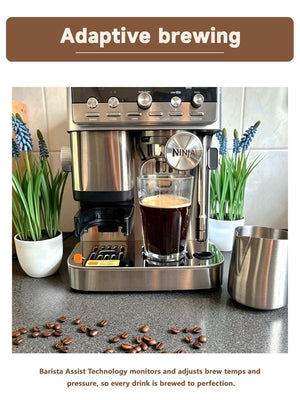 Ninja Luxe Café Mini Plus brewing spout close-up over a glass, adaptive brewing caption