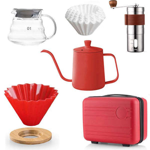 Choxila Red Edition professional travel coffee kit with matte crimson kettle, manual grinder, digital scale, red dripper, glass server, insulated mugs, and hard-shell case