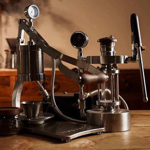 Aleman 2s hand press stainless steel semi-automatic espresso machine with wooden base and lever handle