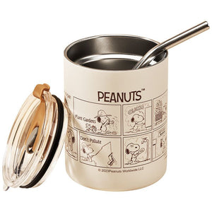 Snoopy Series insulated stainless steel tumbler with metal straw and transparent lid, featuring comic design and vacuum insulation