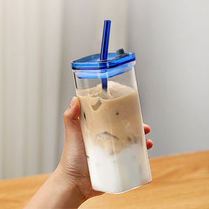 Square iced coffee glass cup with matching high-value straw for iced lattes