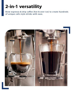 Ninja Luxe Café Mini Plus close-ups comparing espresso and drip coffee brewing