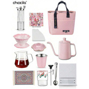 Blush Pink Travel Set with ceramic dripper, marble grinder, precision kettle, insulated mug, and travel case