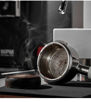 MUVNA Precision Dosing Cup in matte black and stainless steel finishes for 58mm portafilters