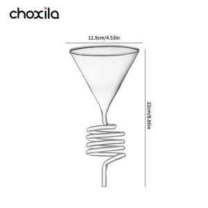 Choxila Snake Tube glass coffee dripper with amber spiral tube on matte black stand and wooden base for slow-drip pour-over brewing