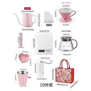 Choxila Pour-Over Set Pink with 10-piece coffee brewing kit including kettle, dripper, grinder, scale, and floral travel bag