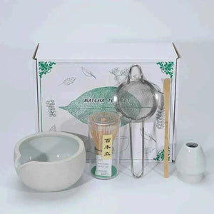 Cup To Machine Matcha Tea Set with spouted ceramic bowl, bamboo whisk, scoop, sifter, and whisk holder for traditional Maccha preparation