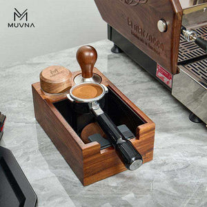 MUVNA Coffee Press Holder with neon cyan and circuit orange design, solid walnut handle, and stainless steel burrs.