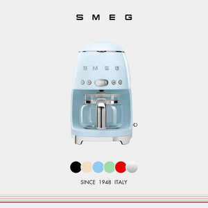SMEG DCF02 drip coffee maker in Pastel blue, 50s style with glass carafe
