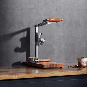 Aleman 2s hand press coffee machine small semi-automatic espresso with stainless steel and wooden handles on kitchen counter