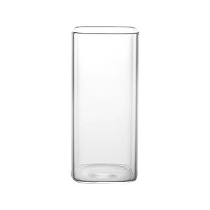 Transparent minimalist square highball borosilicate glass cup with bamboo lid and glass straw for iced coffee and lattes