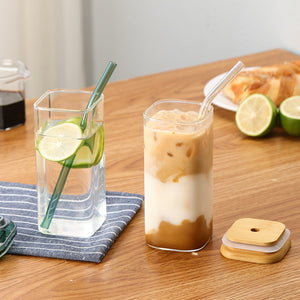 Square iced coffee glass cup with matching high-value straw for iced lattes and coffee