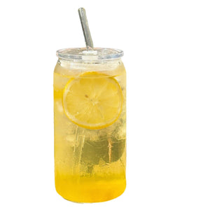 Cup To Machine iced coffee can glass with spill-proof lid and glass straw, made from high boron glass