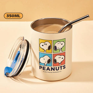 Snoopy Series insulated stainless steel tumbler with metal straw and comic print design