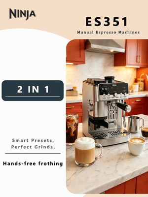 Ninja Luxe Café Mini Plus on a kitchen counter, second feature overview with text overlay