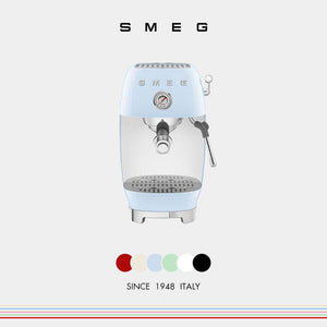 SMEG ECF03 Espresso Machine with 1950s retro design, 19-bar pressure, integrated pressure gauge, stainless steel steam wand, and die-cast aluminum body