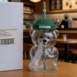 Starbucks Bearista Cup clear glass cold cup with beanie lid and eco-friendly straw