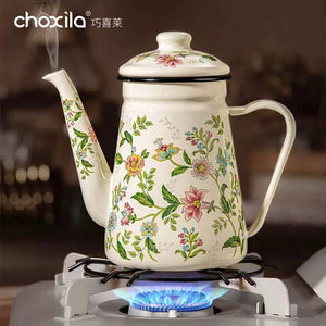 Choxila Floral Enamel Pot 1.2L vintage ivory coffee kettle with colorful floral design and precision pouring spout