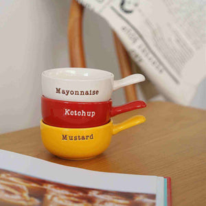 Colorful Saucy Ceramic Mini-Cups with ergonomic handles for serving sauces and dressings