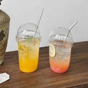 Cup To Machine dome lid iced coffee glass cup with clear glass straw and 550ml capacity