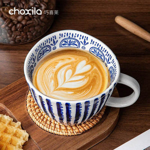Choxila Hand-Painted Mug with blue and white ceramic artisan design and glossy finish