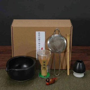 Cup To Machine Maccha matcha tea set with spouted ceramic bowl, bamboo whisk, scoop, sifter, and whisk holder