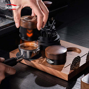 IKAPE 3-Piece Espresso Tamper set with walnut handles and stainless steel tools for puck preparation