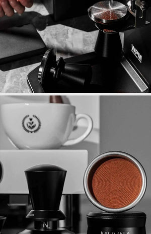 MUVNA Magnetic Dosing Funnel securely attached to a 58mm portafilter with matching magnetic wall mount for coffee grinding and WDT precision