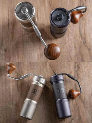 1zPresso K-Ultra premium manual coffee grinder with stainless steel conical burrs and wooden handle in luxury black finish