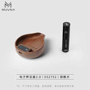 MUVNA electronic coffee bean weighing tray made of natural walnut wood with LED display and silicone base for precise measurement