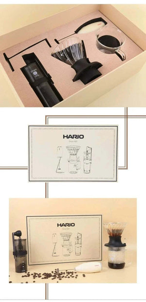 HARIO V60 Smart G complete coffee brewing starter set with manual grinder, glass dripper, coffee server, and milk frother