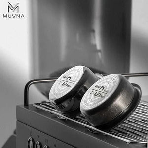 MUVNA Precision Espresso Dosing Cups in matte black and brushed stainless steel for 58mm portafilters