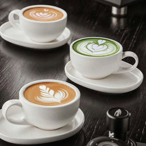 IKAPE latte art cup with its ceramic saucer