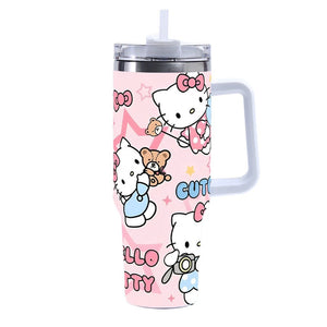 Sanrio Hello Kitty stainless steel tumbler with 40oz capacity and splash-resistant straw lid for iced coffee