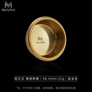 MUVNA Precision Dosing Cup in matte black and stainless steel, designed for 58mm espresso portafilters