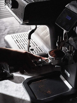 Lucifer 58mm Bottomless Portafilter with premium resin wood grain handle and stainless steel head for espresso extraction