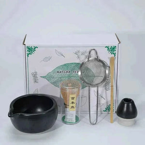 Cup To Machine Matcha tea set with spouted ceramic bowl, bamboo whisk, scoop, sifter, and whisk stand