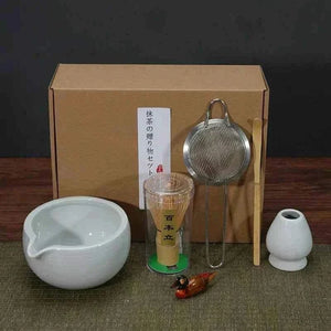 Cup To Machine Matcha tea set with spouted ceramic bowl, bamboo whisk, scoop, sifter, and whisk holder for traditional Maccha preparation