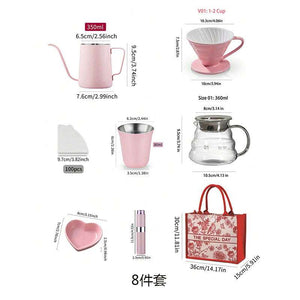 Choxila Pour-Over Set Pink with 10-piece boutique coffee kit including kettle, ceramic dripper, glass server, grinder, and digital scale in feminine luxury design