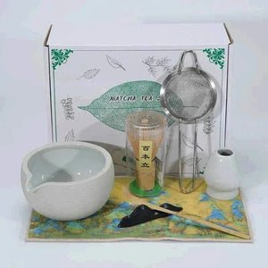 Cup To Machine Maccha tea set with spouted ceramic bowl, bamboo whisk, scoop, sifter, and whisk holder