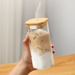Square iced coffee glass cup with high-value glass straw and modern design