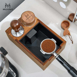MUVNA Coffee Press Holder with neon cyan and circuit orange accents, stainless steel burrs, and ergonomic wooden handle in cyberpunk style