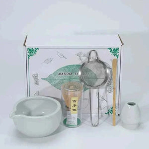 Cup To Machine Matcha tea set with spouted ceramic bowl, bamboo whisk, scoop, sifter, and whisk holder for authentic Maccha preparation