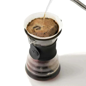HARIO V60 Drip Decanter glass carafe with a black silicone grip band