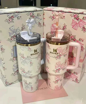 Stanley x LoveShackFancy 40oz Quencher H2.0 Tumbler with floral design and ergonomic handle