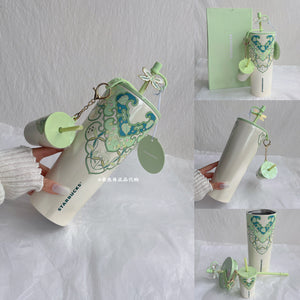 Limited-edition Starbucks Spring Sequence Dragonfly beaded insulated thermal bottle with silk-wrapped handle and spill-proof lid
