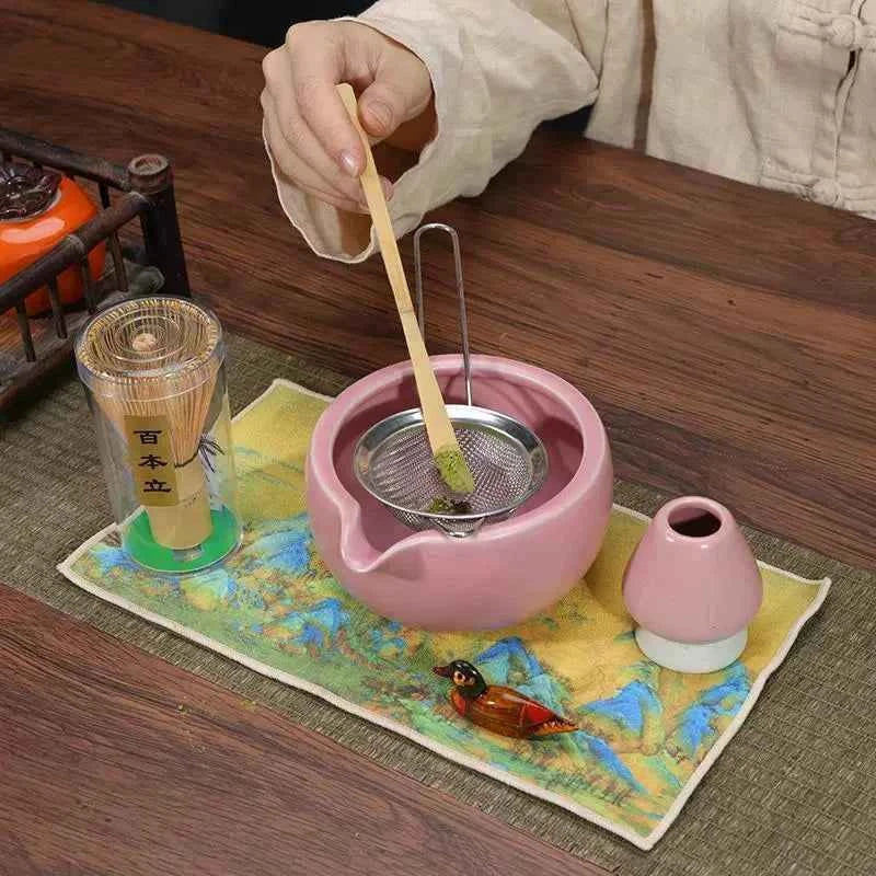 Cup To Machine Maccha tea set with spouted ceramic bowl, bamboo whisk, scoop, sifter, and whisk holder