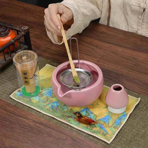 Cup To Machine Maccha tea set with spouted ceramic bowl, bamboo whisk, scoop, sifter, and whisk holder