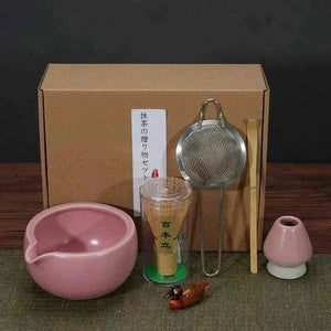 Cup To Machine Maccha tea set with spouted ceramic bowl, bamboo whisk, scoop, sifter, and whisk stand