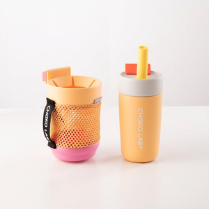 CHaKOLAB Sweet Apricot tumbler with orange mesh carrying pouch and strap